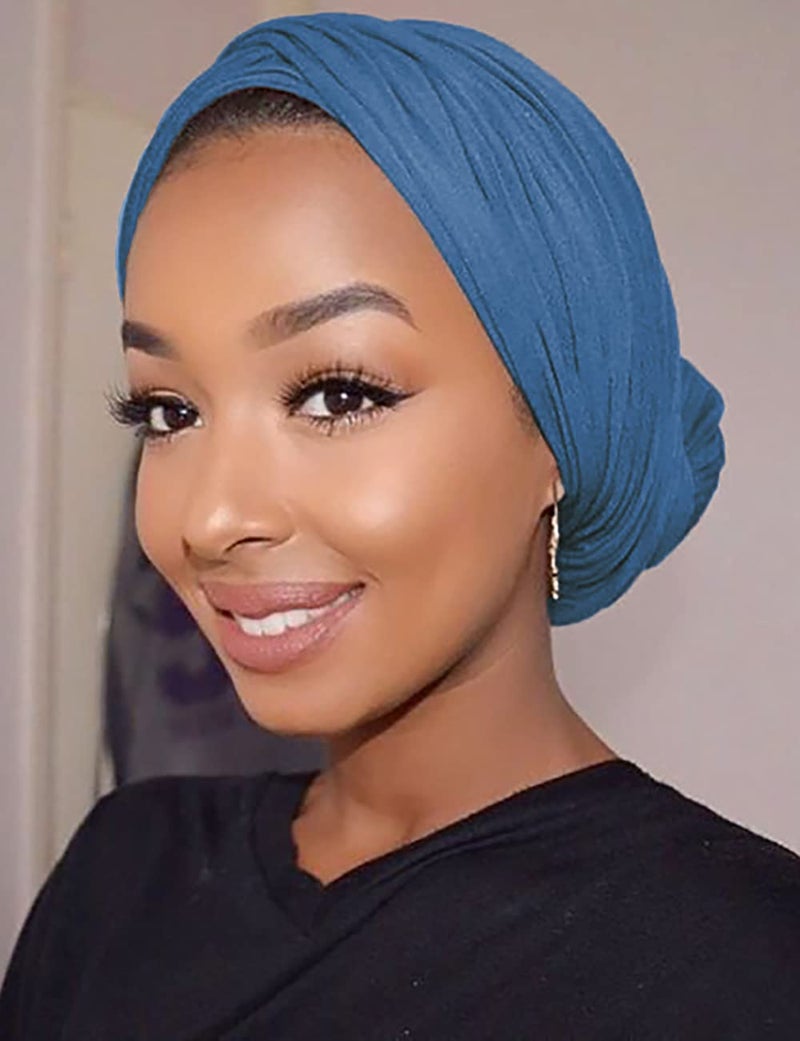 Harewom Headscarf for Black Women Fashion Long Stretch Jersey Turban Hair Wrap for Muslim Locks Headbands Steel Blue - Image 5